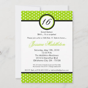 5x7 Lime White Polka Dot 16:e födelsedagsinbjudan Inbjudningar