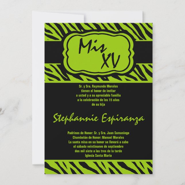 5x7 Lime Zebra tryck Quinceanera 15-inbjudan Inbjudningar (Framsida)