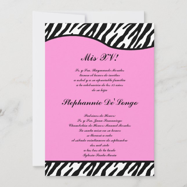 5x7 Ljusa rosa Zebra Quinceanera Party Inbjudan (Framsida)