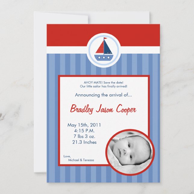 5x7 Marin Segelbåt FOTO Födelse Tillkännagivande Meddelande (Framsida)