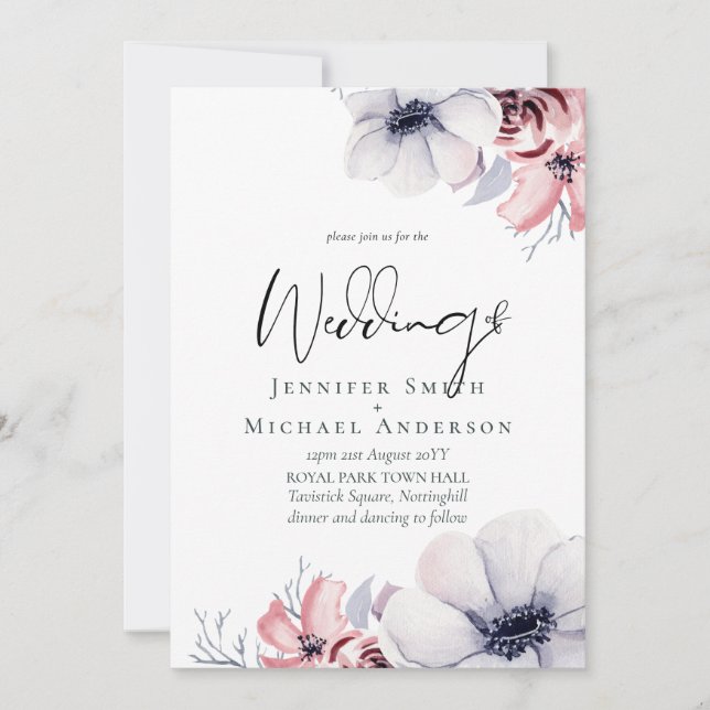 5x7 Marinblå korallblommig script vigselring set (Framsida)