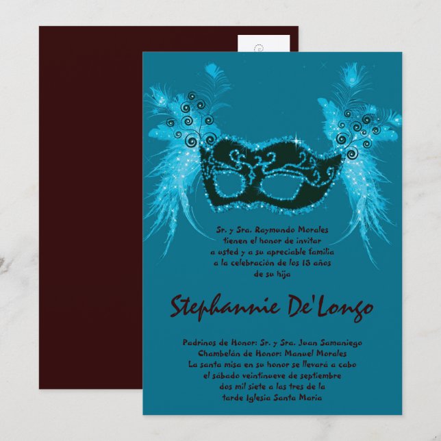 5x7 Masquerad Quinceanera Birthday-inbjudan Inbjudningar (Fram/baksida)