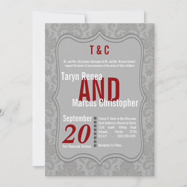 5x7 Modern Grått Damask Red Wedding-inbjudan Inbjudningar (Framsida)