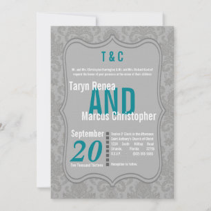 5x7 Modern Grått Damask Teal Bröllopinbjudan Inbjudningar
