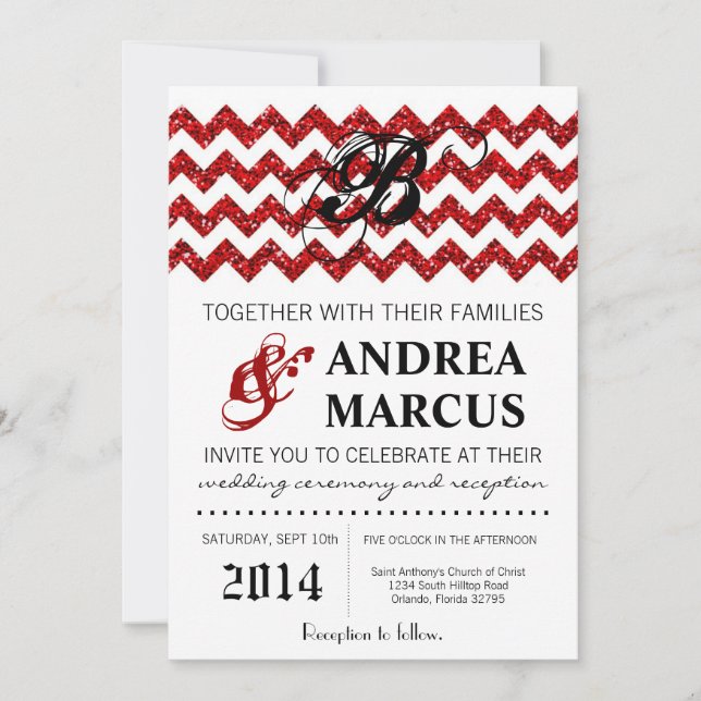 5x7 Modern Red Glitter Chevron Wedding bjudande Inbjudningar (Framsida)