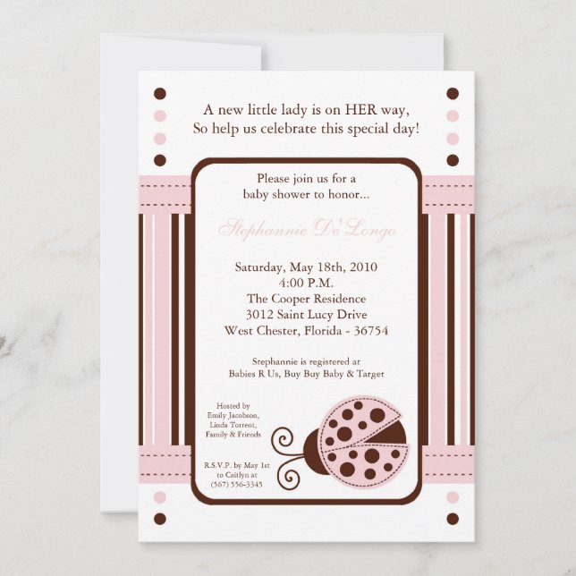 5x7 Modern Rosa LadyBug Baby Shower-inbjudan för M Inbjudningar (Framsida)