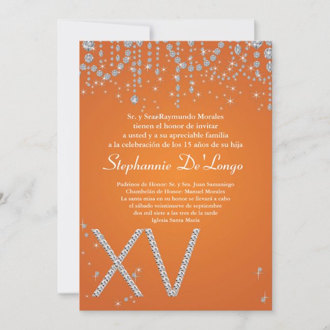 5x7 Orange Diamant Quinceanera Födelsedagsinbjudan Inbjudningar (Framsida)