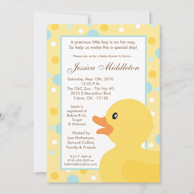 5x7 Polka Dot Rubber Ducky Baby Shower-inbjudan Inbjudningar (Framsida)