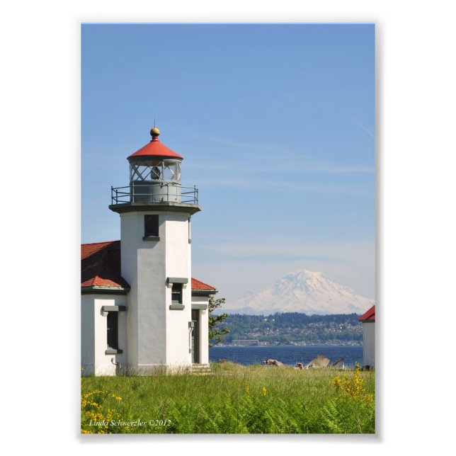 5X7 Pt Robinson Lighthouse med Mount Rainier Fototryck (Framsidan)