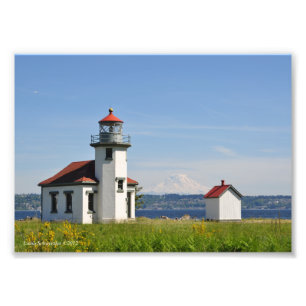 5X7 Pt Robinson Lighthouse med Mount Rainier Fototryck