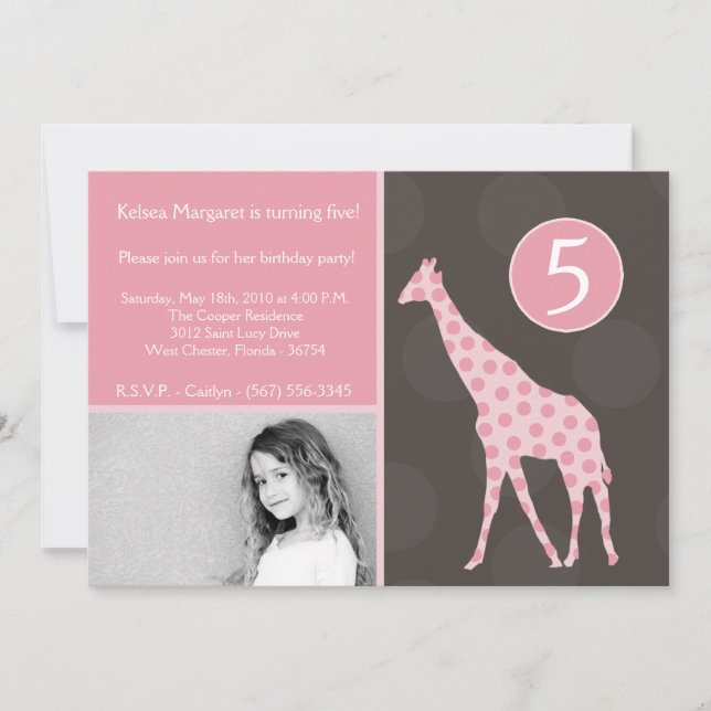 5x7 Rosa Giraffe Photo Födelsedagsfest inbjudan (Framsida)
