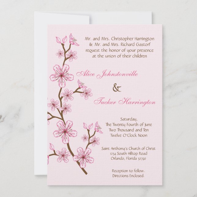 5x7 Rosa Körsbärs Blommar Linen Wedding bjudning Inbjudningar (Framsida)