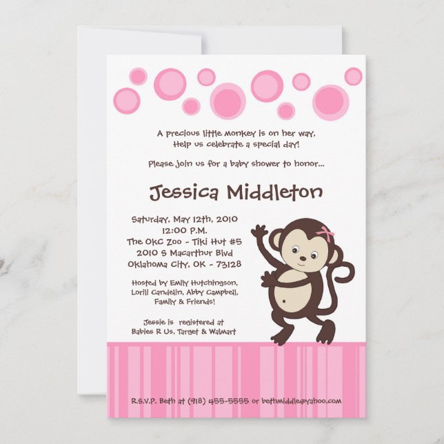 5x7 Rosa Monkey Dans Baby Shower Inbjudan (Framsida)