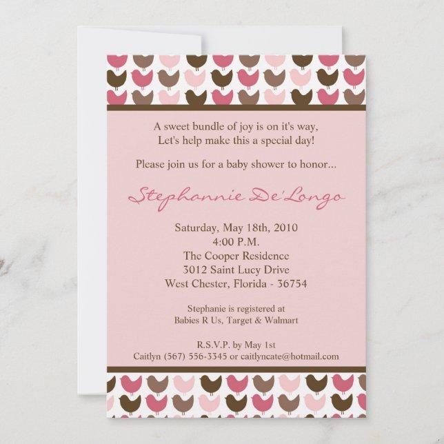 5x7 Rosa och inbjudan till Brown Bird Baby Shower (Framsida)