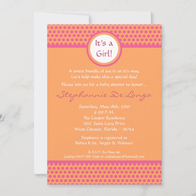 5x7 Rosa och Orange Polka Dot Baby Shower-inbjudan Inbjudningar (Framsida)