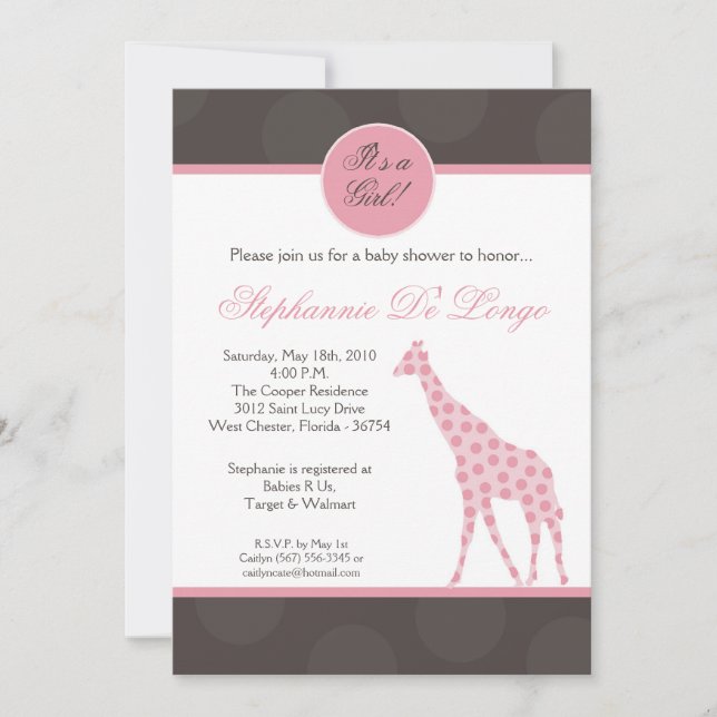 5x7 Rosa Polka Dot Giraffe Baby Shower-inbjudan Inbjudningar (Framsida)