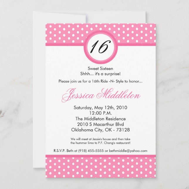 5x7 Rosa White Polka Dot 16th Birthday Inbjudan (Framsida)