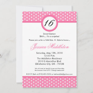 5x7 Rosa White Polka Dot 16th Birthday Inbjudan