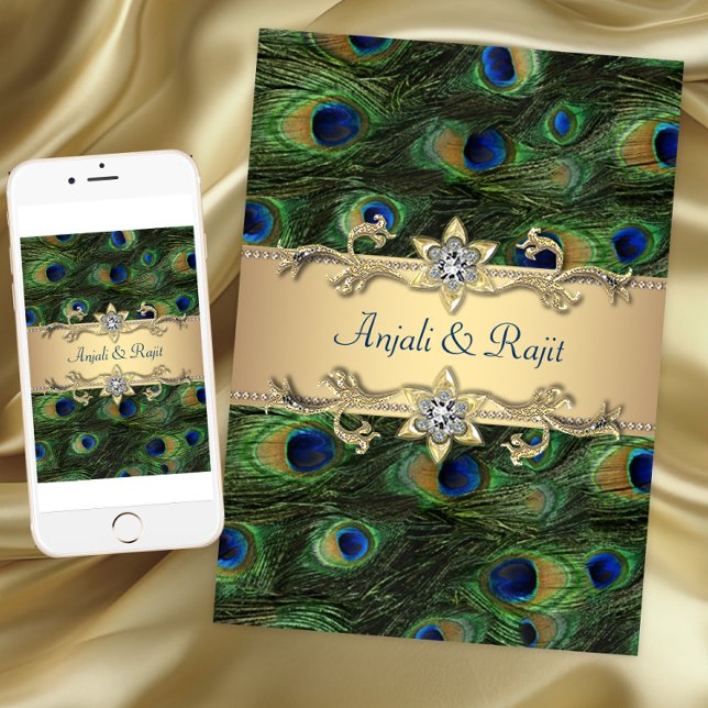 5x7 Smaragdgrön Elegant Påfågel Bröllop Inbjudningar (Emerald Green Elegant Peacock Wedding invitation. Instant download and printed invitations available)