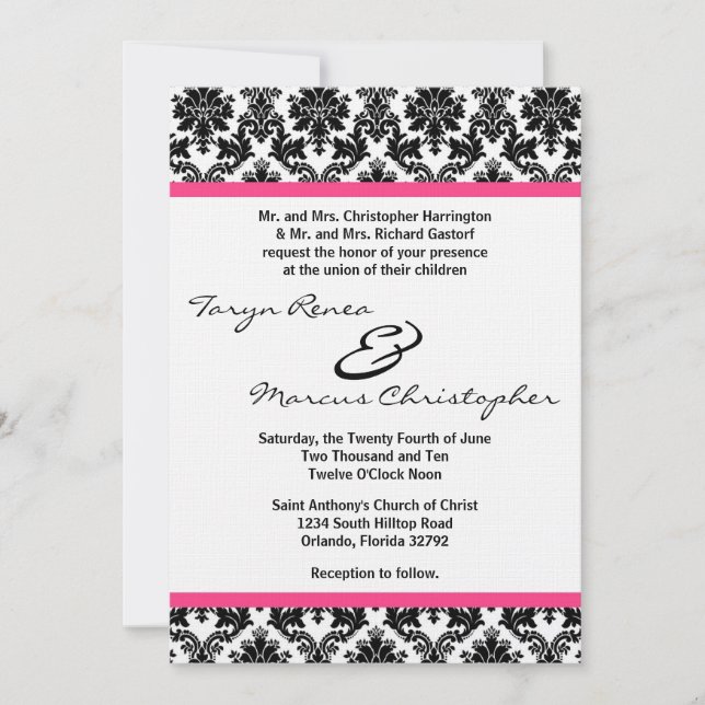 5x7 Svart Damask & Rosa Linne Bröllopsinbjudan Inbjudningar (Framsida)