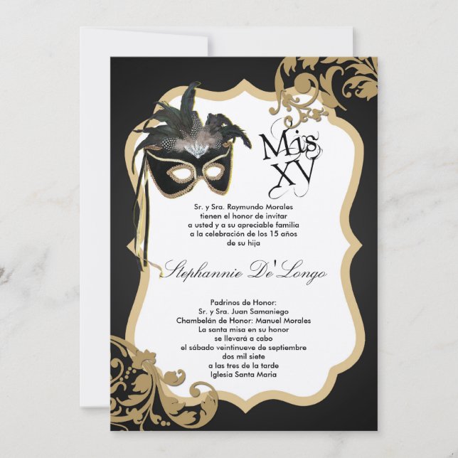 5x7 Svart maskeringsvarning - Quinceanera-inbjudan Inbjudningar (Framsida)