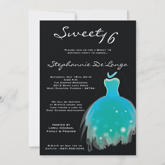 5x7 Teal Aqua Dress Sweet 16 födelsedagsinbjudan Inbjudningar (Framsida)