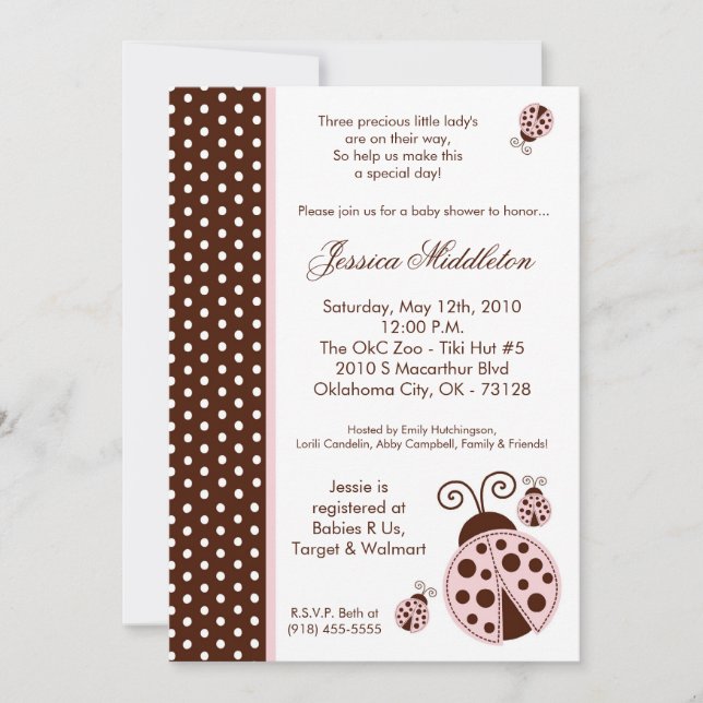 5x7 TRIPLET Lady Bug Polka Baby Shower Inbjudan (Framsida)
