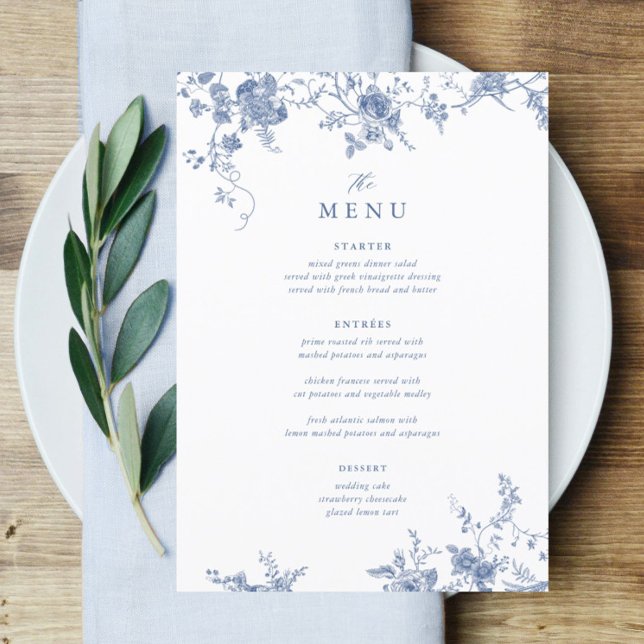 5x7-tums Victorian Blue Blommigt Bröllop Bord Menu Meny (Skapare uppladdad)
