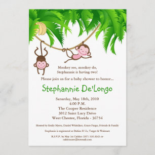 5x7 TWINS Monkey Jungle Baby Shower Inbjudan