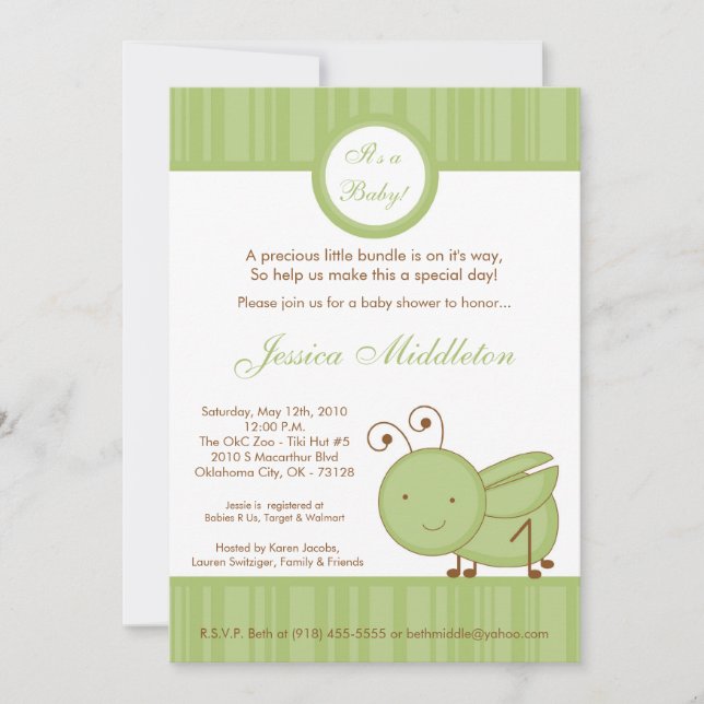 5x7 Vår Gräshoppa Baby Shower Inbjudan (Framsida)