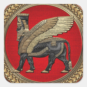 [600] Assyrian Winged Bull: Guld och Black Lamassu Fyrkantigt Klistermärke