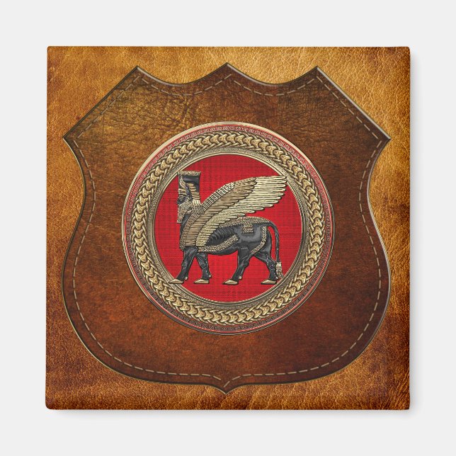 [600] Assyrian Winged Bull: Guld och Black Lamassu Magnet (Framsidan)
