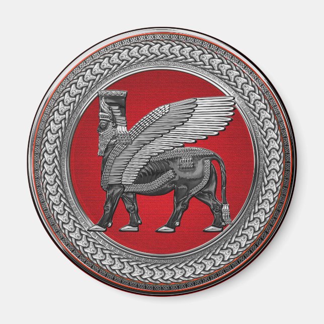 [600] Assyrian Winged Bull: Silver & Black Lamassu Magnet (Framsidan)