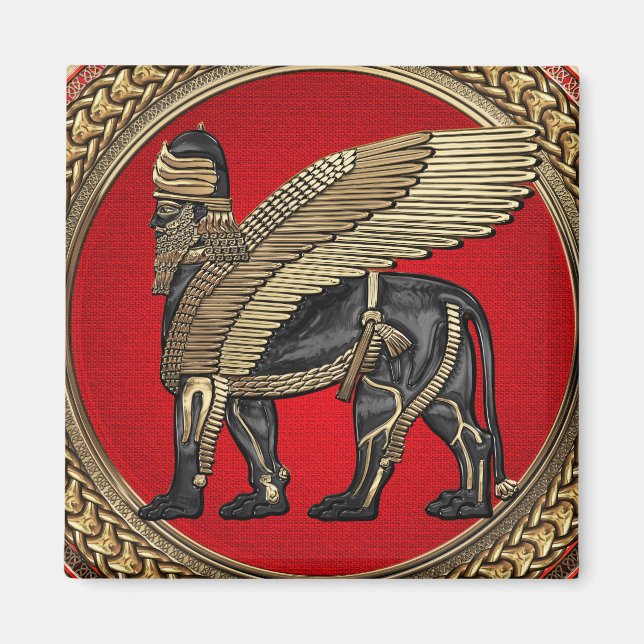 [600] Assyriansk vind Lejon: Guld & Black Lamassu Magnet (Framsidan)