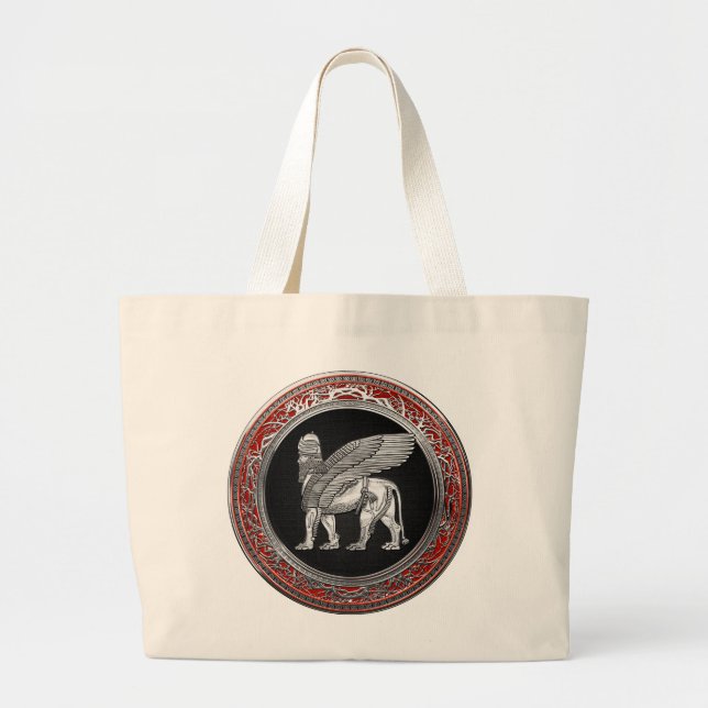 [600] Assyriansk vind Lejon - Silver Lamassu Jumbo Tygkasse (Framsidan)