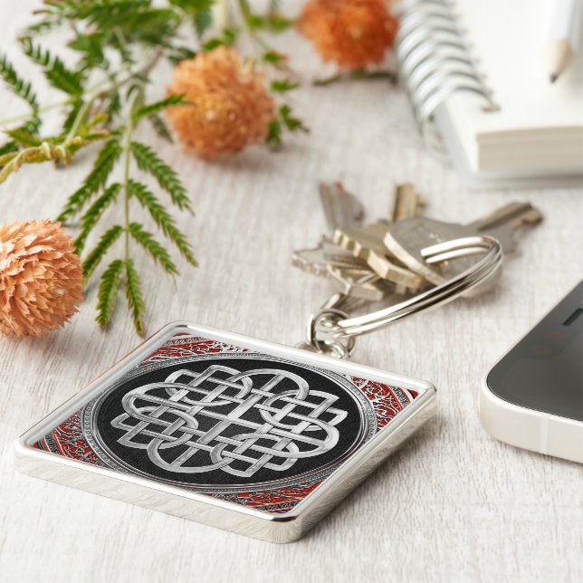 [600] Helig Celtic Silver Knot Kor Fyrkantig Silverfärgad Nyckelring (Sidan)