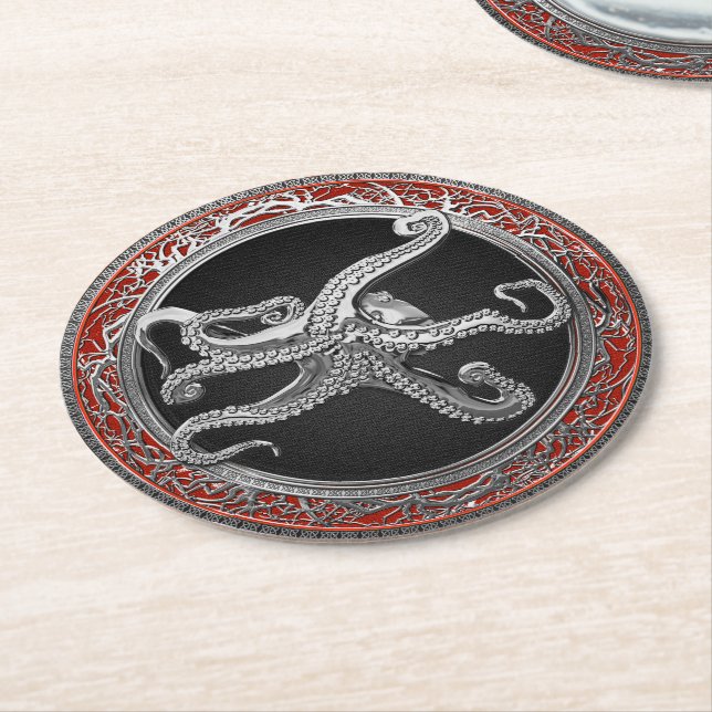 [600] Helig Silver Octopus i defensiv post Underlägg Papper Rund (Vinklad)