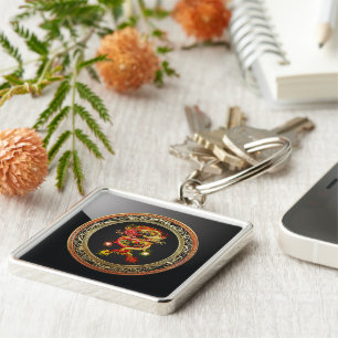 [600] Röd- och Gult-drakar Fyrkantig Silverfärgad Nyckelring