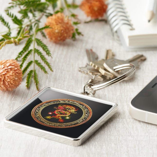 [600] Röd- och Gult-drakar Fyrkantig Silverfärgad Nyckelring (Sidan)