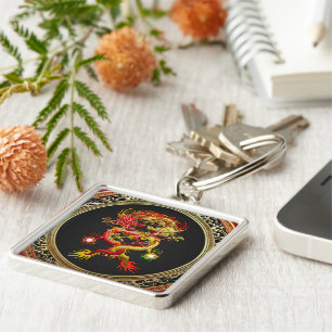 [600] Röd- och Gult-drakar Fyrkantig Silverfärgad Nyckelring