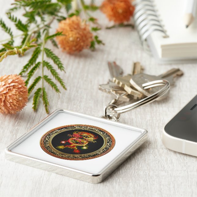 [600] Röd- och Gult-drakar Fyrkantig Silverfärgad Nyckelring (Sidan)