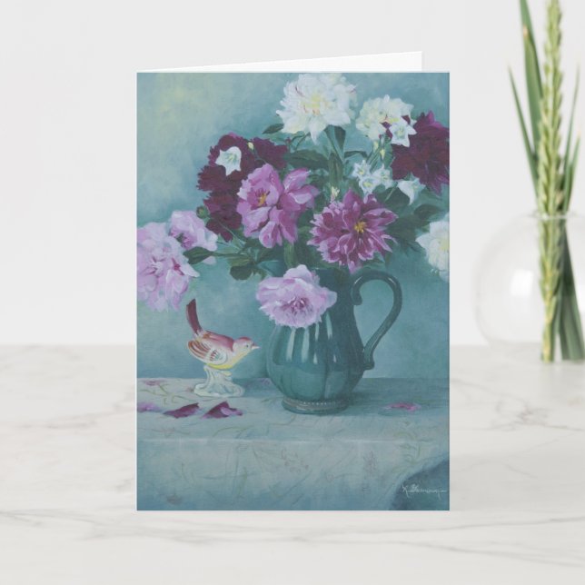 6027 Peonies in Pitcher & Bird Birthday Card Kort (Framsida)