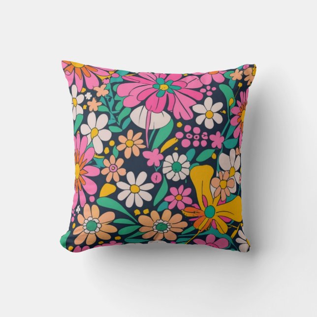60's Retro Groovy Mod Blommor i Rosa Orange a Kudde (Framsida)