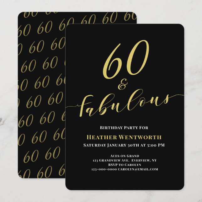 60 and Fabulous 60th Birthday Gold Black Script Inbjudningar (Fram/baksida)