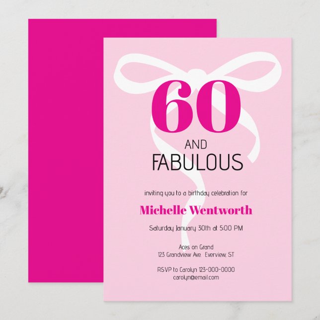 60 and Fabulous Fun Ribbon Hot Pink 60th Birthday Inbjudningar (Fram/baksida)