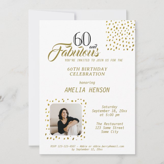 60 and Fabulous Gold Glitter Photo 60th Birthday Inbjudningar (Framsida)