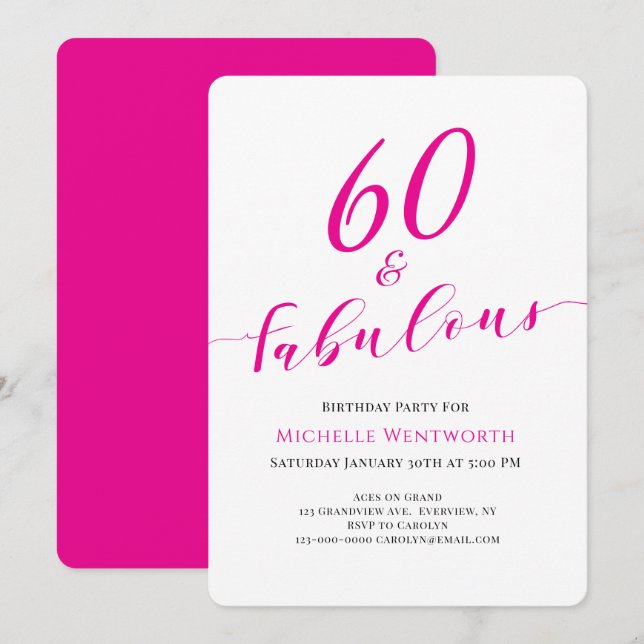 60 and Fabulous Sixtieth Birthday Hot Pink Script Inbjudningar (Fram/baksida)
