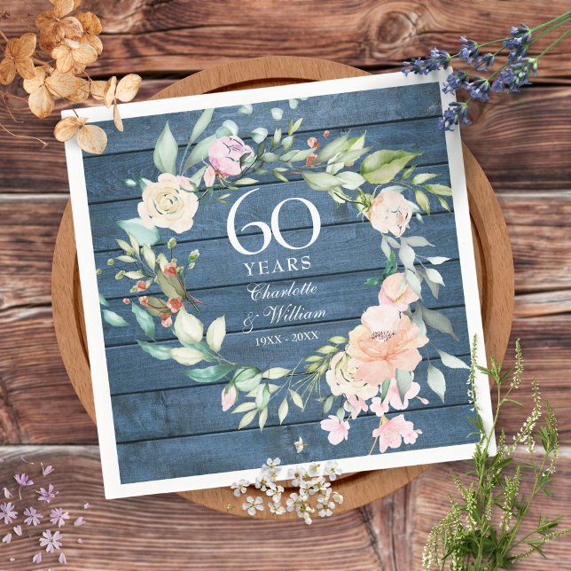 60-års 75-års bröllopsjubileum Blå Rustik Blomma Pappersservett (Skapare uppladdad)