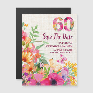 60 års Blommigt Linen 60:e födelsedagen Spara datu Magnetisk Inbjudningskort