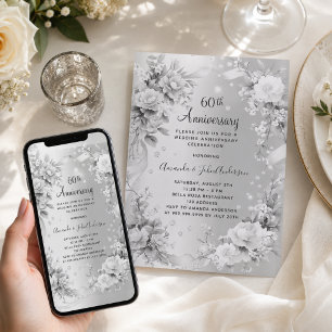 60-års bröllopsdag diamant silver blommor inbjudningar